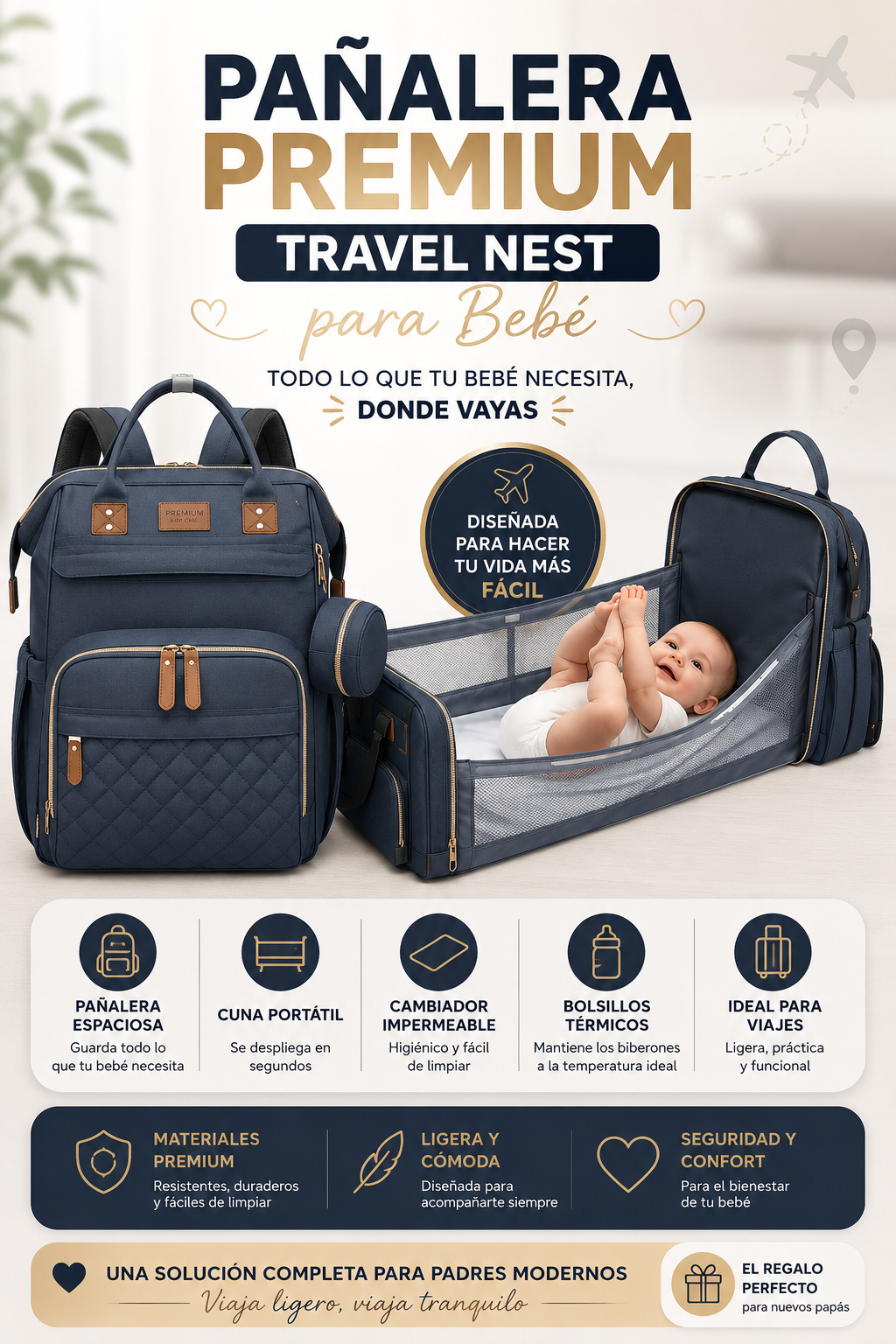Pañalera Premium Travel Nest para Bebé